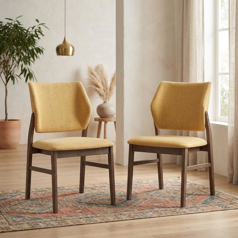 Linen-Upholstered Side Chair with Walnut Legs, Set of 2,Yellow Linen & Walnut, Set of 2. Picture 4