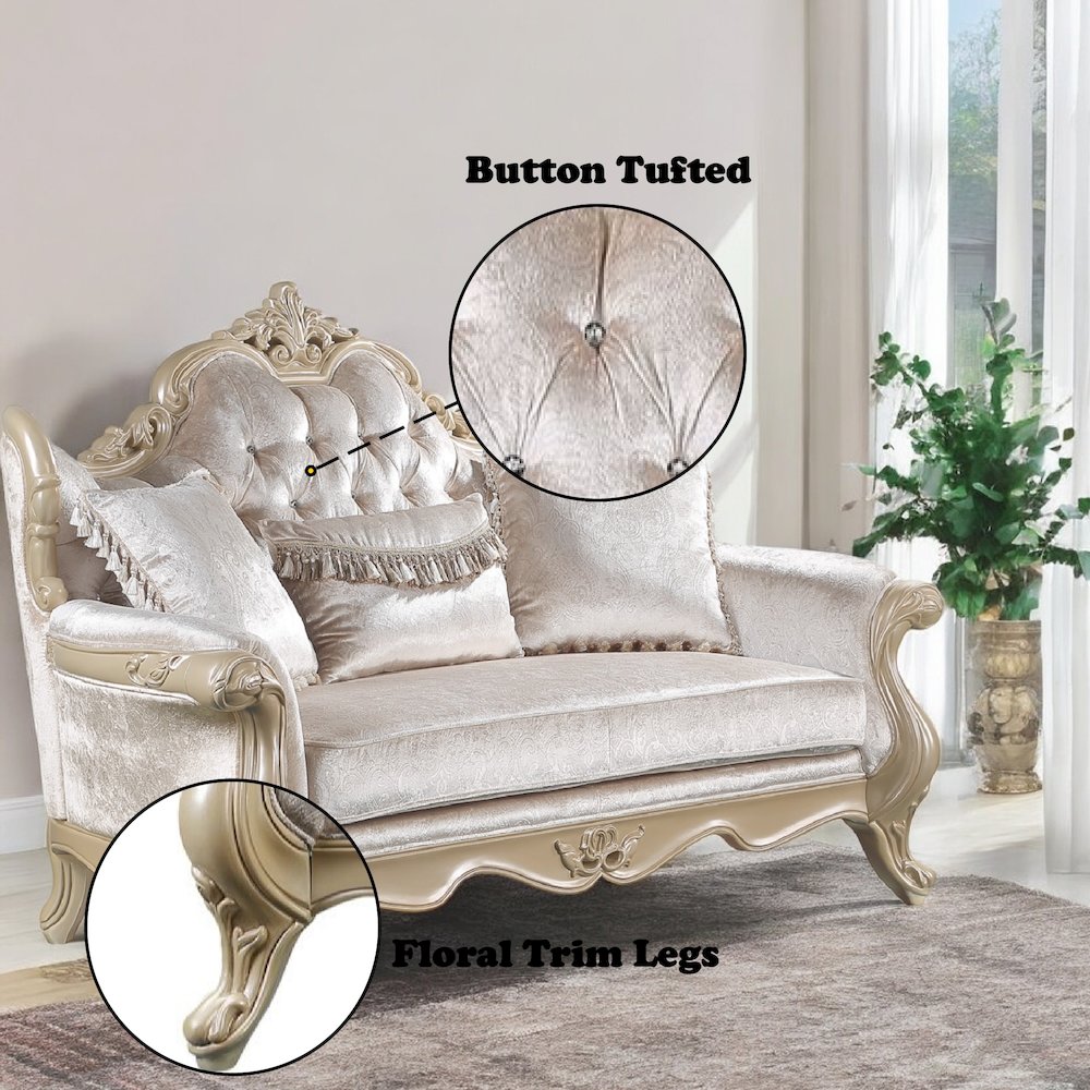 Libertee Loveseat w/3 Pillows in Beige Fabric & Champagne Finish. Picture 7