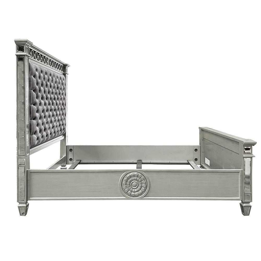 Varian Queen Bed, Gray Fabric & Mirrored. Picture 3