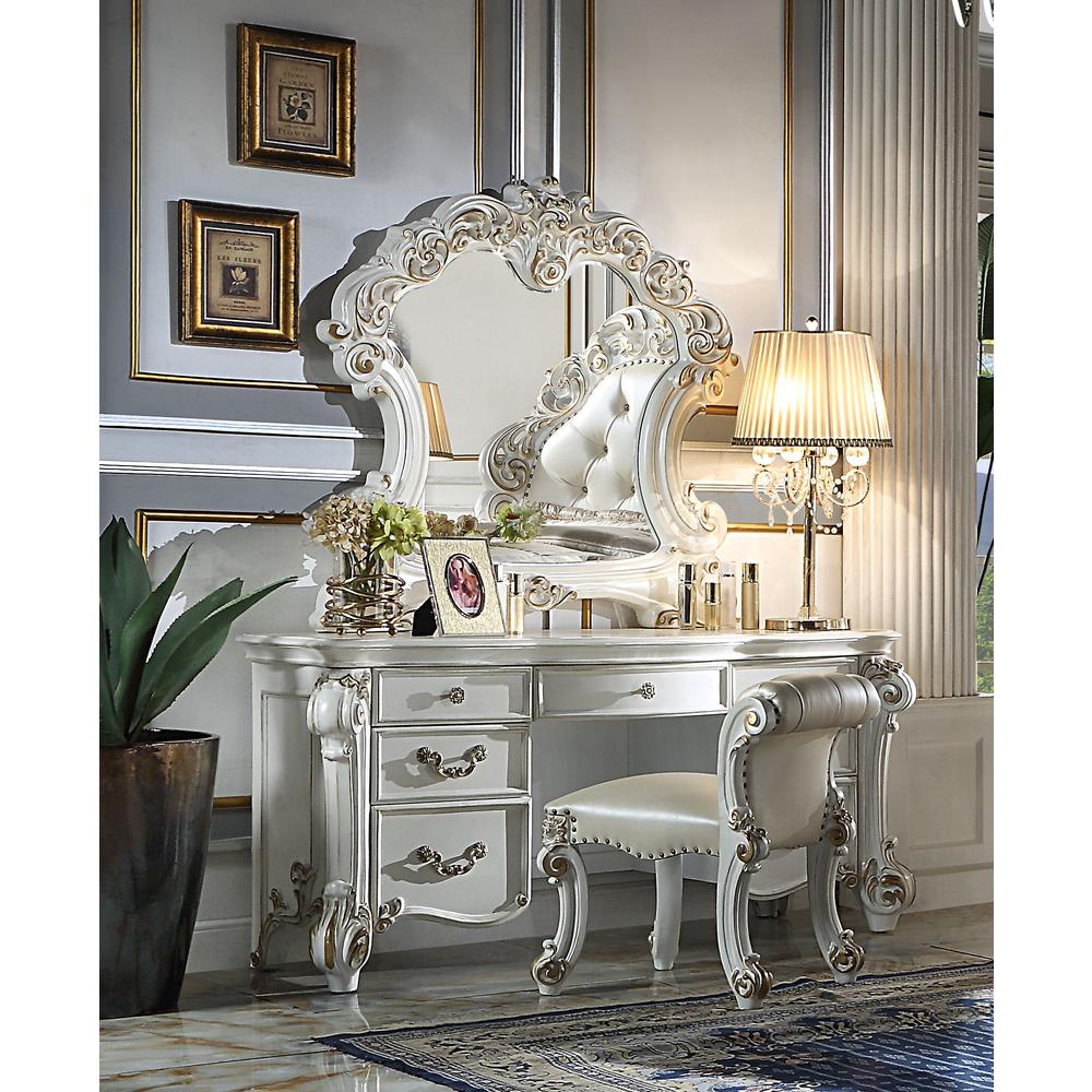 Vendome Vanity Desk, Beige Synthetic Leather & Antique Pearl Finish. Picture 2