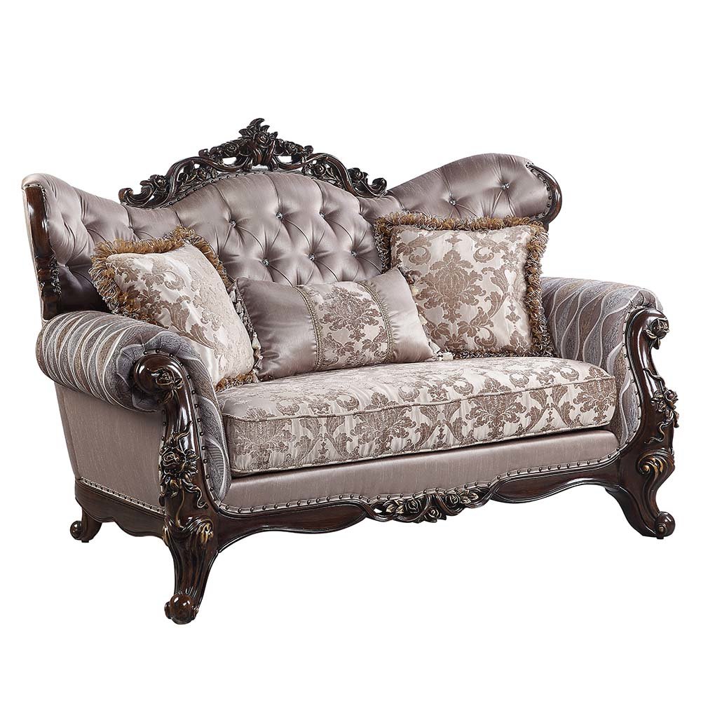 Benbek Loveseat w/3 Pillows Fabric & Antique Oak. Picture 1