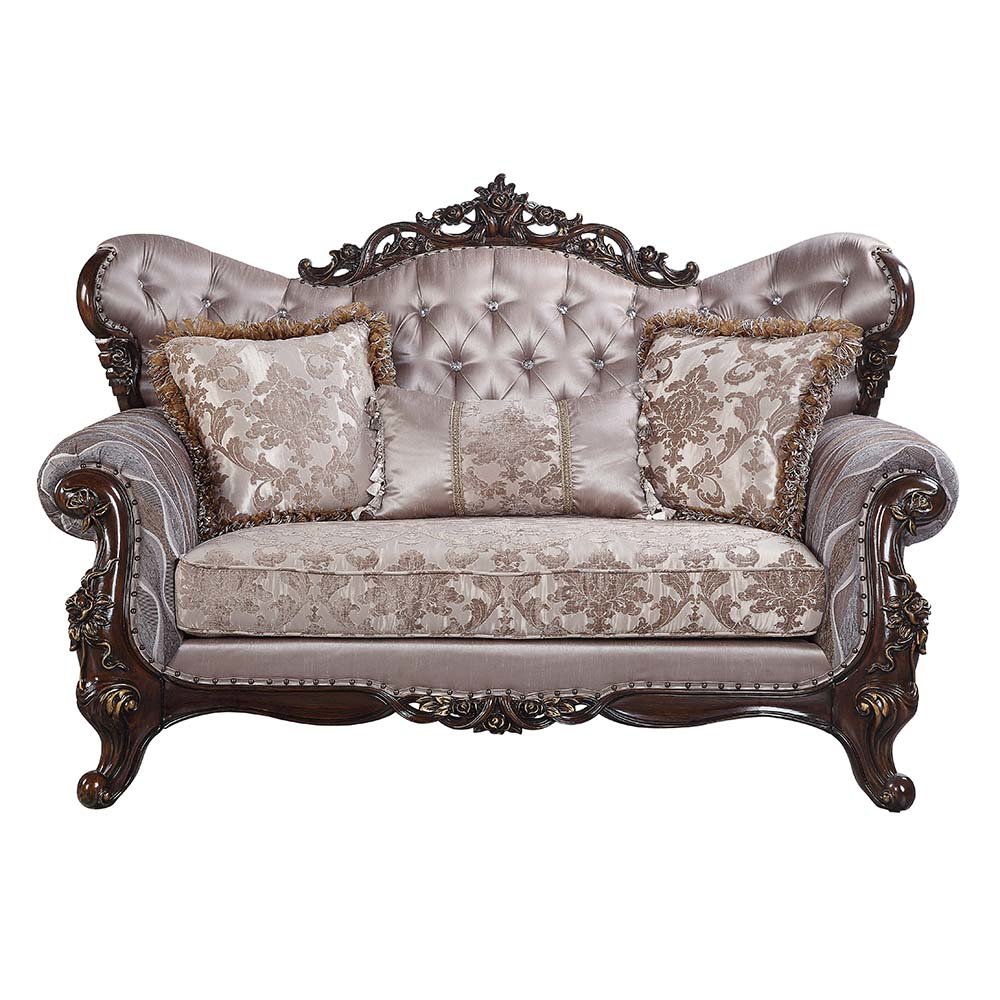 Benbek Loveseat w/3 Pillows Fabric & Antique Oak. Picture 2