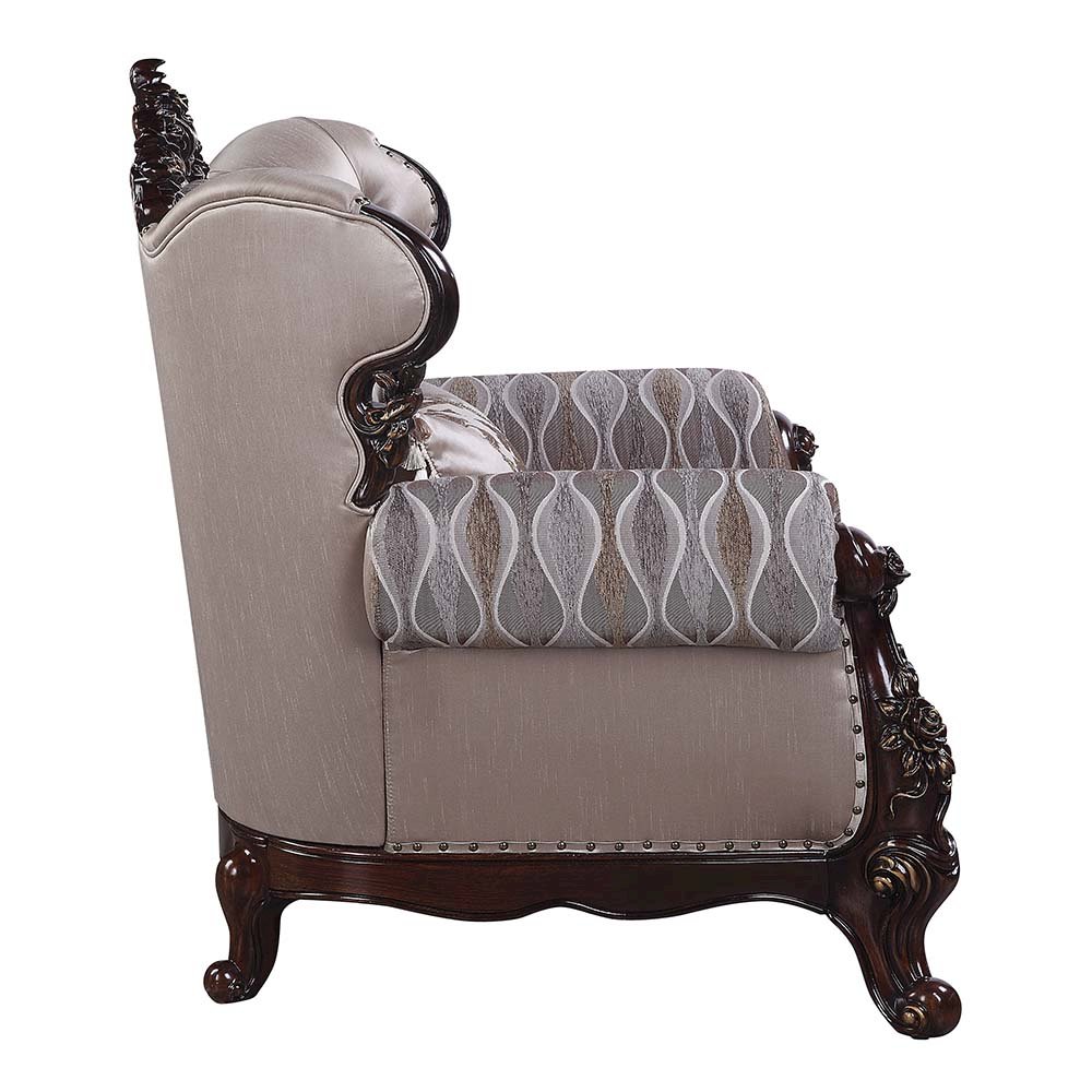 Benbek Loveseat w/3 Pillows Fabric & Antique Oak. Picture 3