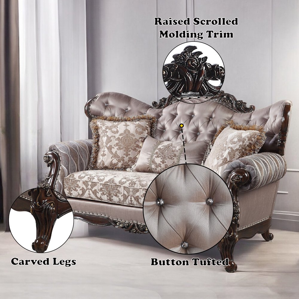 Benbek Loveseat w/3 Pillows Fabric & Antique Oak. Picture 6