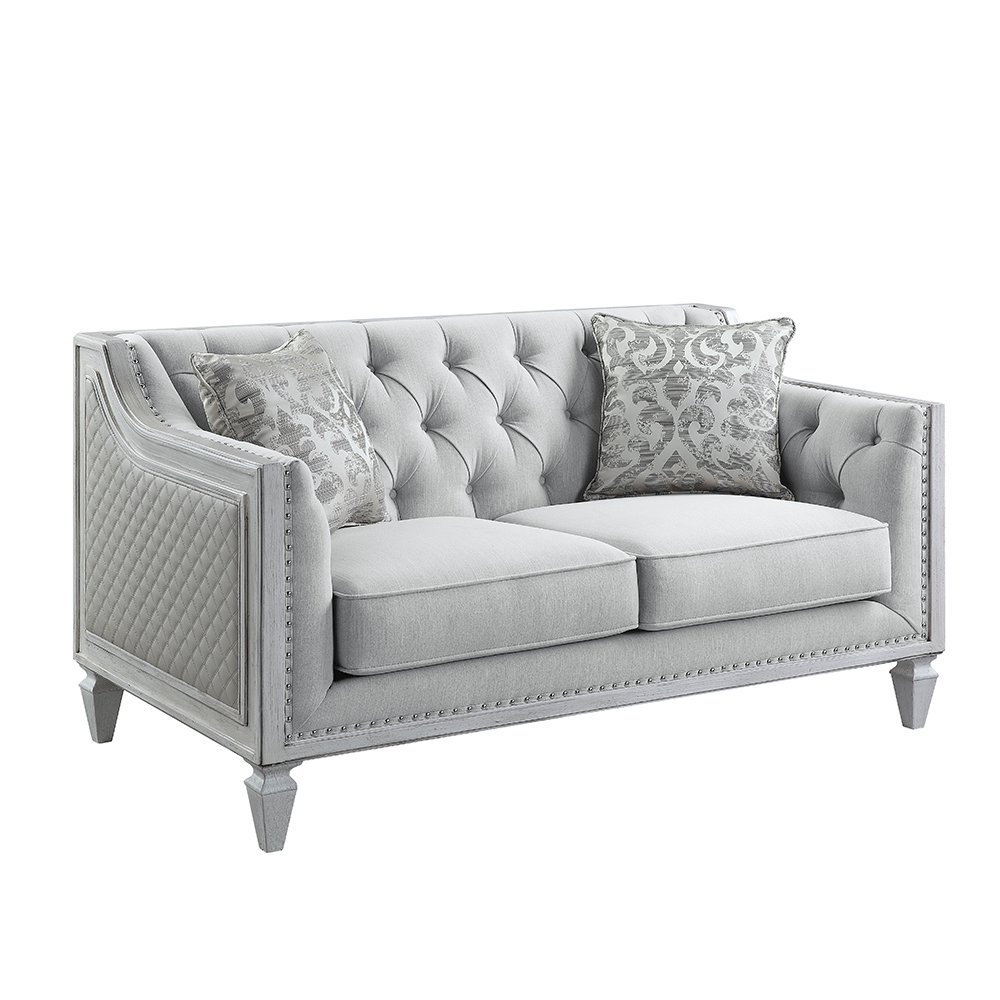 Katia Loveseat w/2 Pillows Light Gray Linen & Weathered White. Picture 2