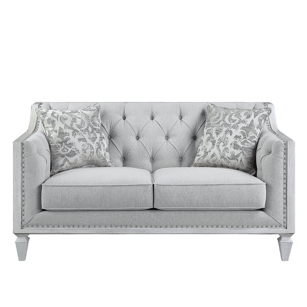 Katia Loveseat w/2 Pillows Light Gray Linen & Weathered White. Picture 3