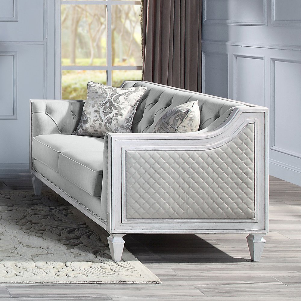 Katia Loveseat w/2 Pillows Light Gray Linen & Weathered White. Picture 1