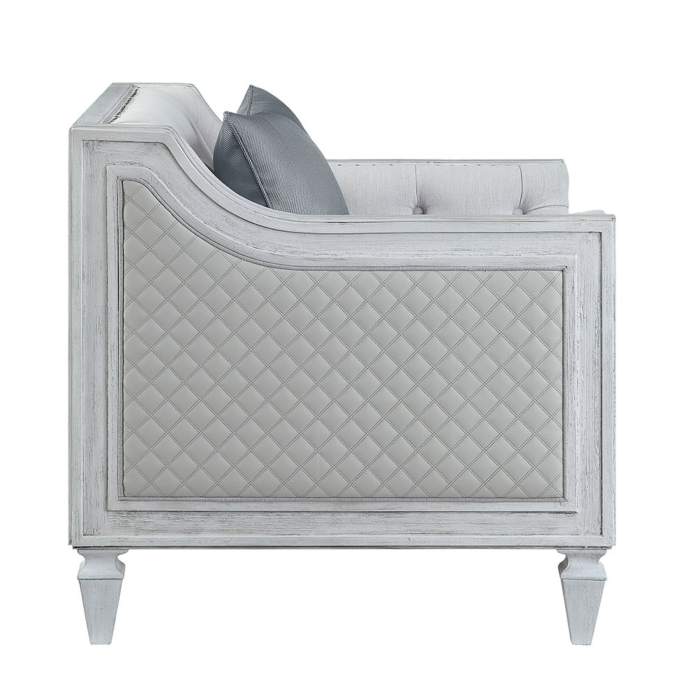 Katia Loveseat w/2 Pillows Light Gray Linen & Weathered White. Picture 5