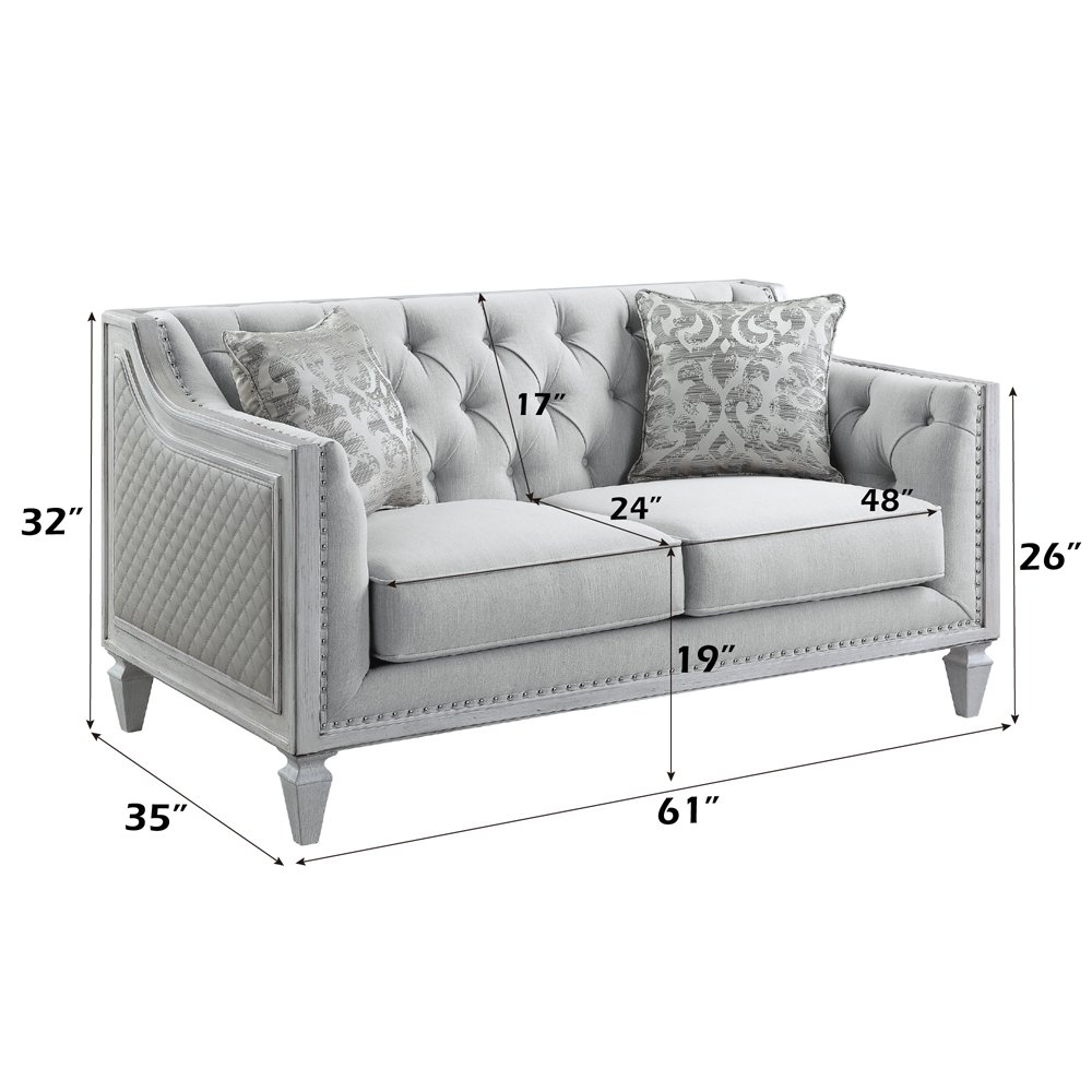 Katia Loveseat w/2 Pillows Light Gray Linen & Weathered White. Picture 9