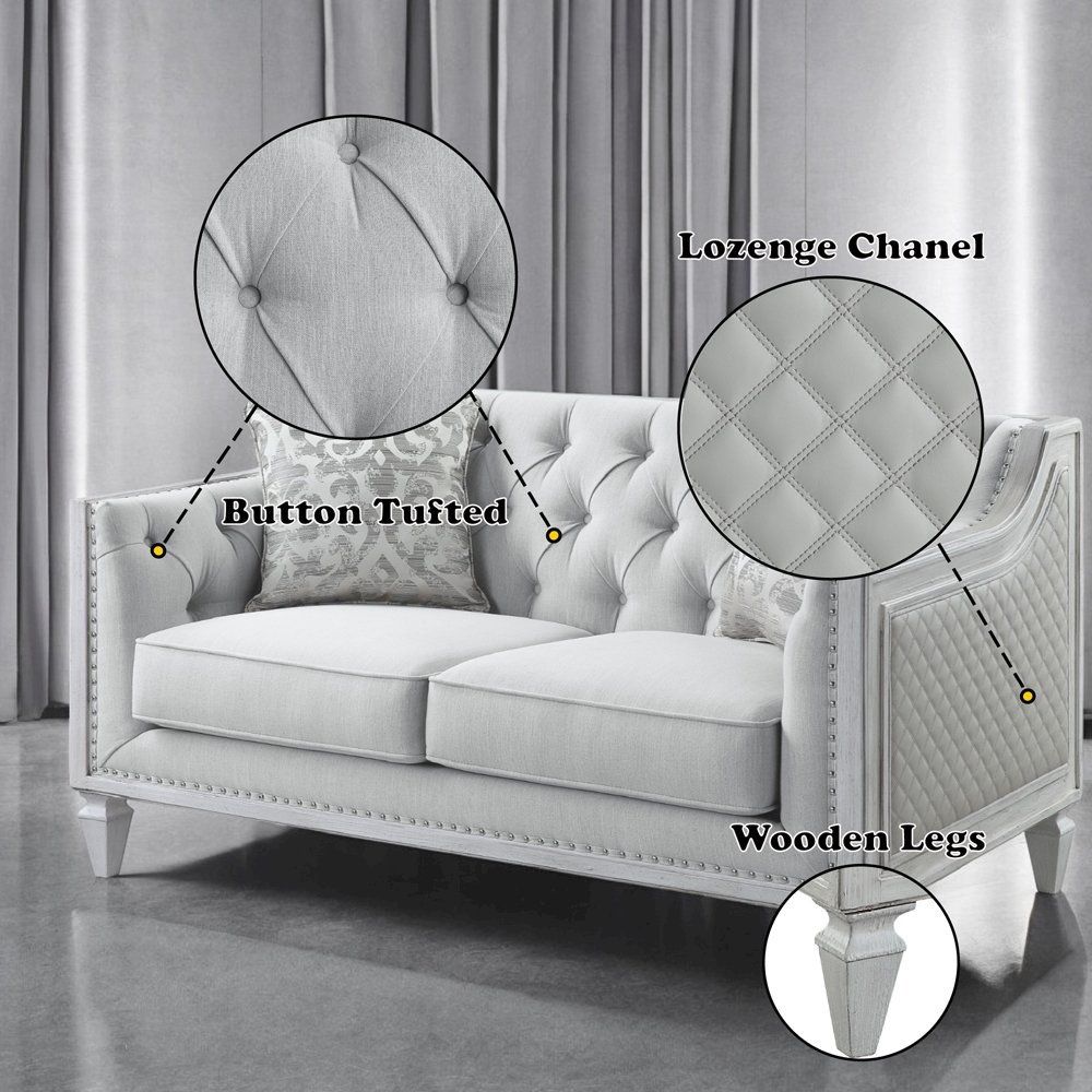 Katia Loveseat w/2 Pillows Light Gray Linen & Weathered White. Picture 10