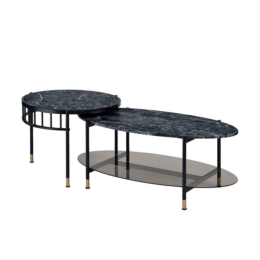 Silas Nesting Coffee Table Set Engineered Stone Top & Black. Picture 1