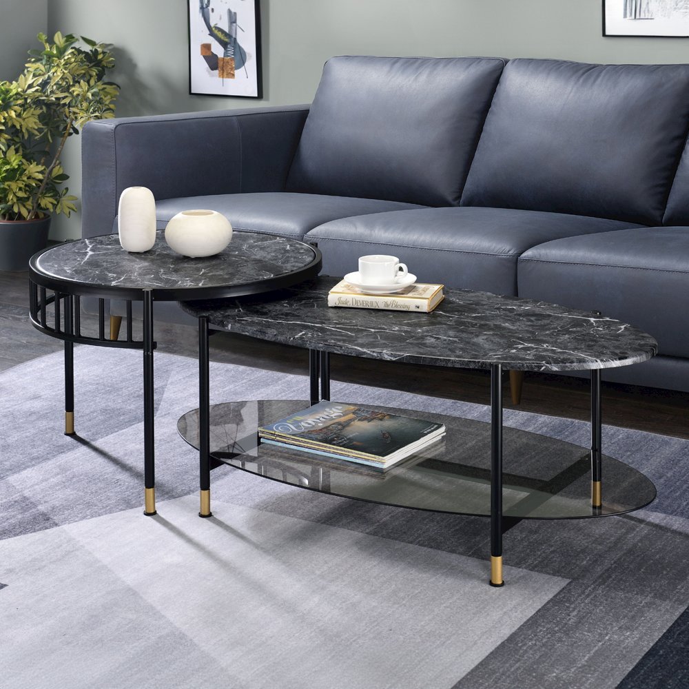 Silas Nesting Coffee Table Set Engineered Stone Top & Black. Picture 4