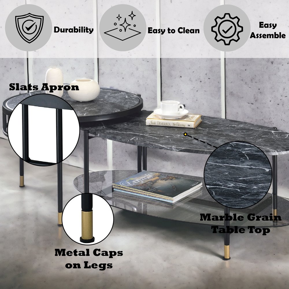 Silas Nesting Coffee Table Set Engineered Stone Top & Black. Picture 6