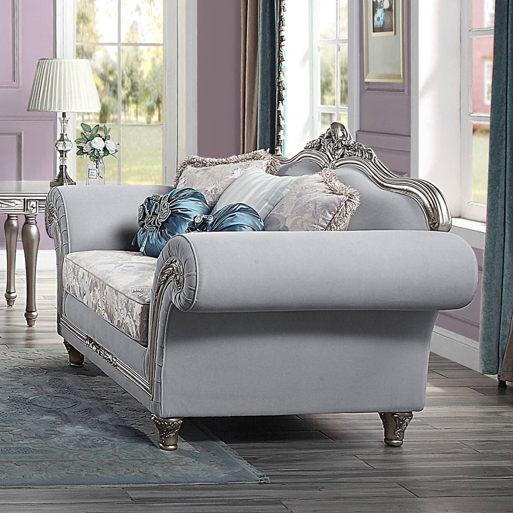 Pelumi Loveseat w/5 Pillows Light Gray Linen & Platinum. Picture 1