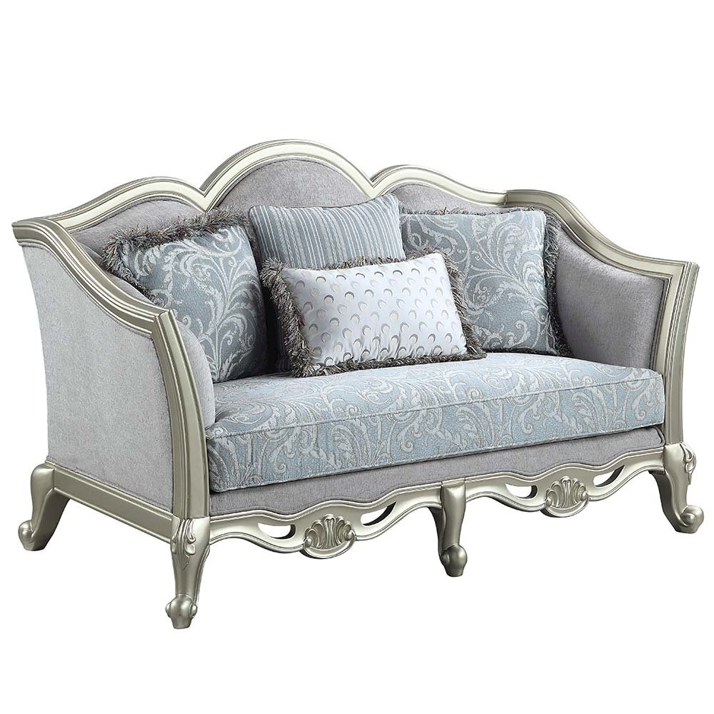 Qunsia Loveseat w/4 Pillows Light Gray Linen & Champagne. Picture 1