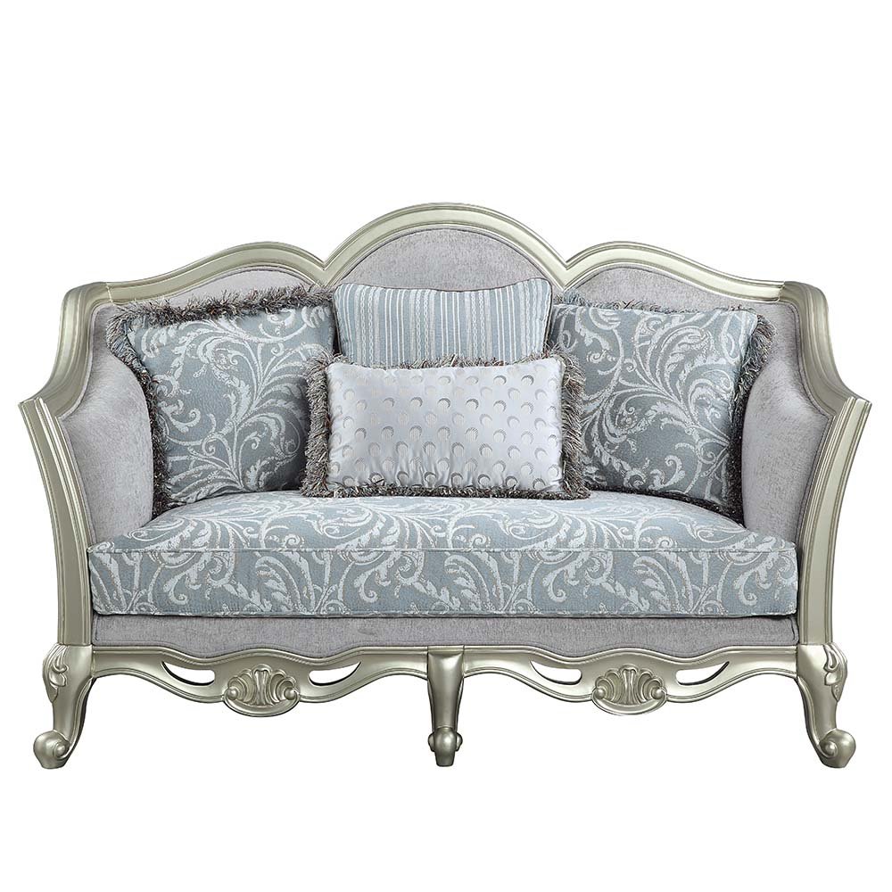 Qunsia Loveseat w/4 Pillows Light Gray Linen & Champagne. Picture 2