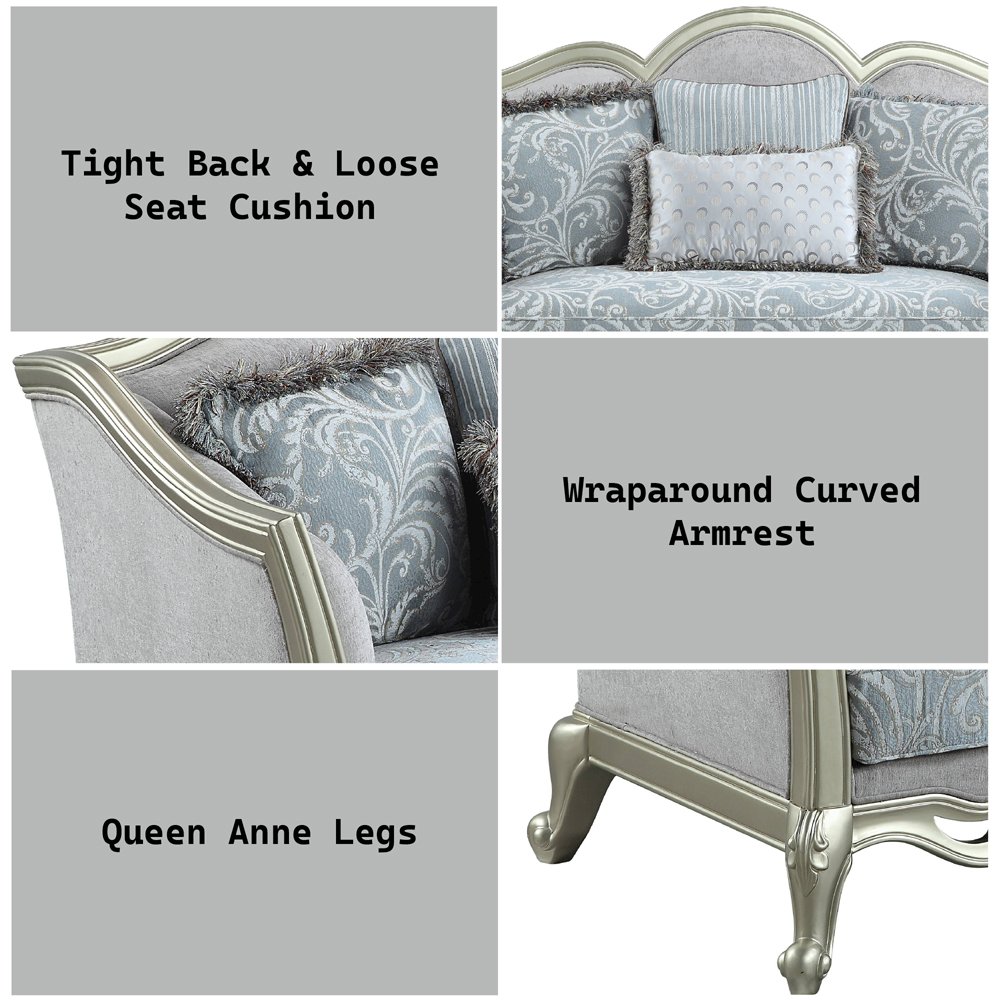 Qunsia Loveseat w/4 Pillows Light Gray Linen & Champagne. Picture 6