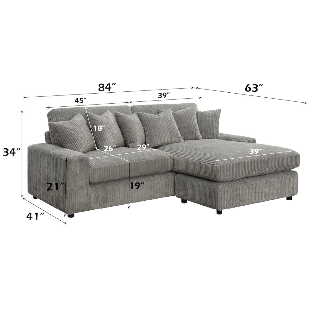 Tavia Sectional Sofa w/6 Pillows Gray Corduroy. Picture 10