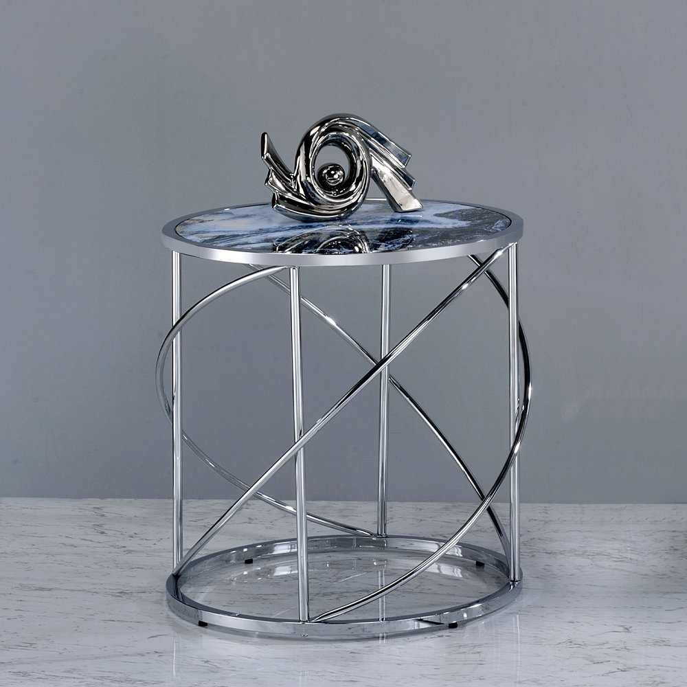 Lyda End Table Blue Marble Print & Chrome. Picture 1