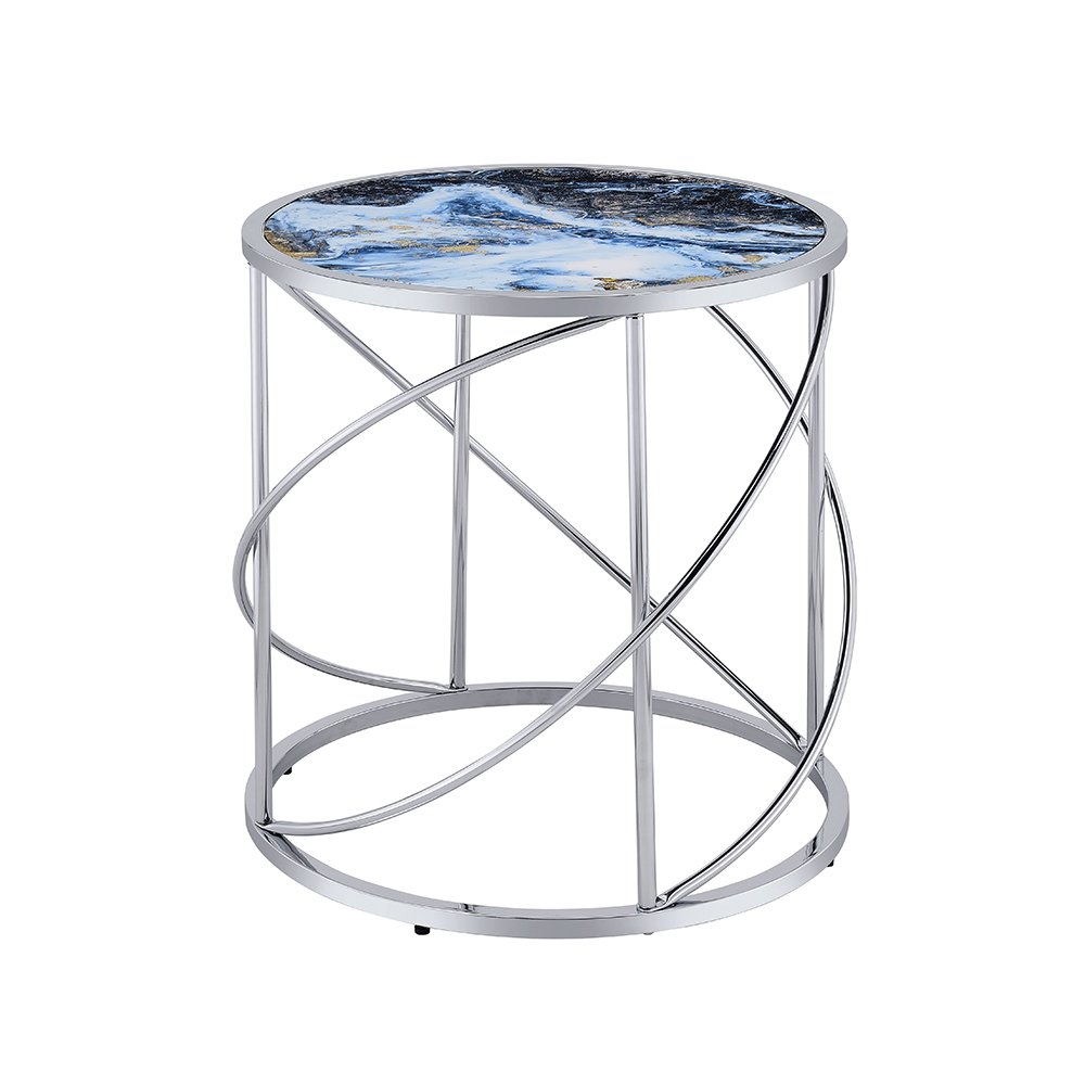 Lyda End Table Blue Marble Print & Chrome. Picture 2