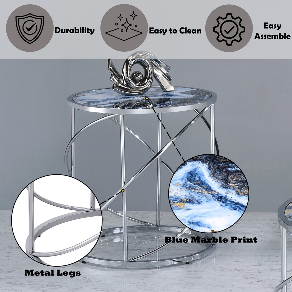 Lyda End Table Blue Marble Print & Chrome. Picture 7