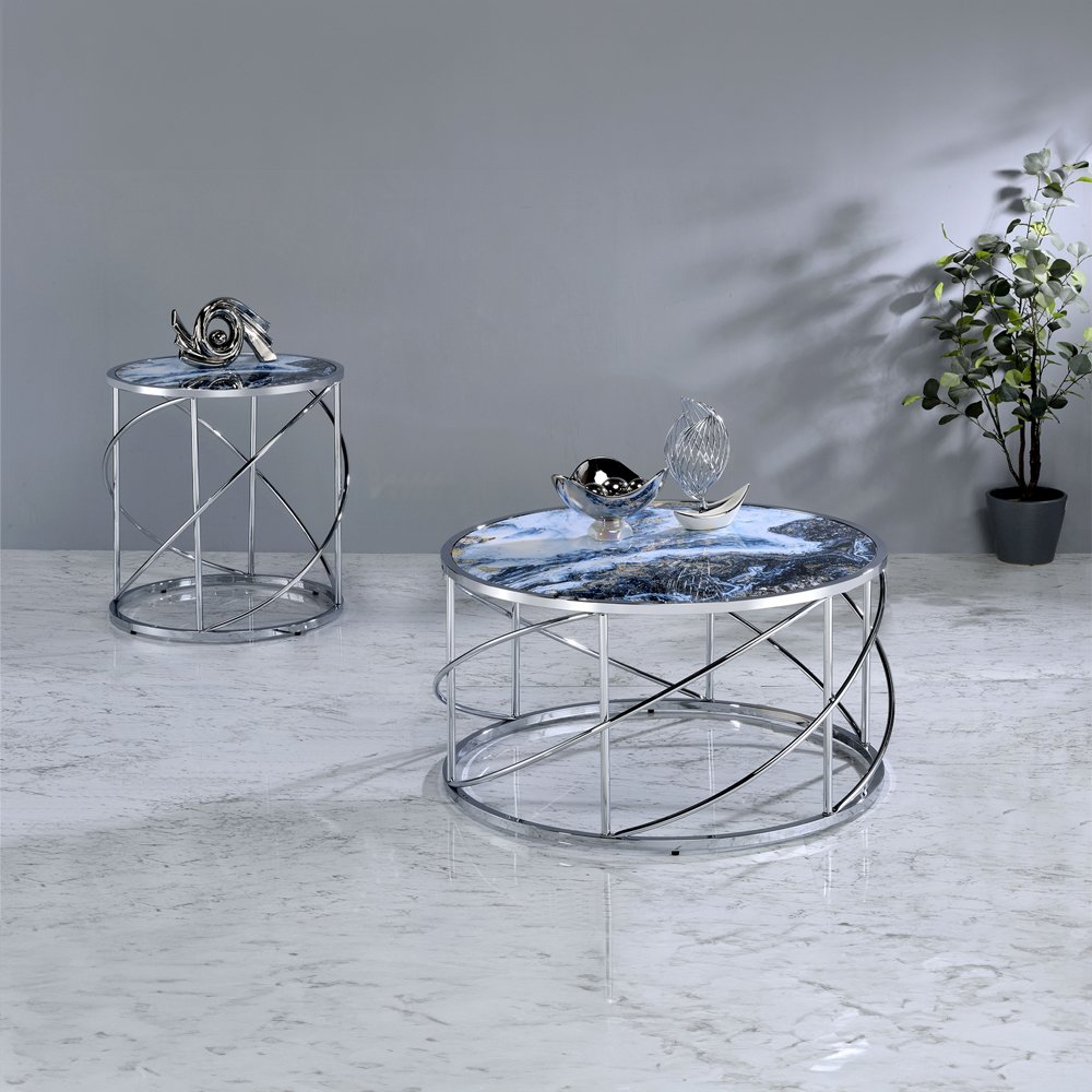 Lyda End Table Blue Marble Print & Chrome. Picture 5
