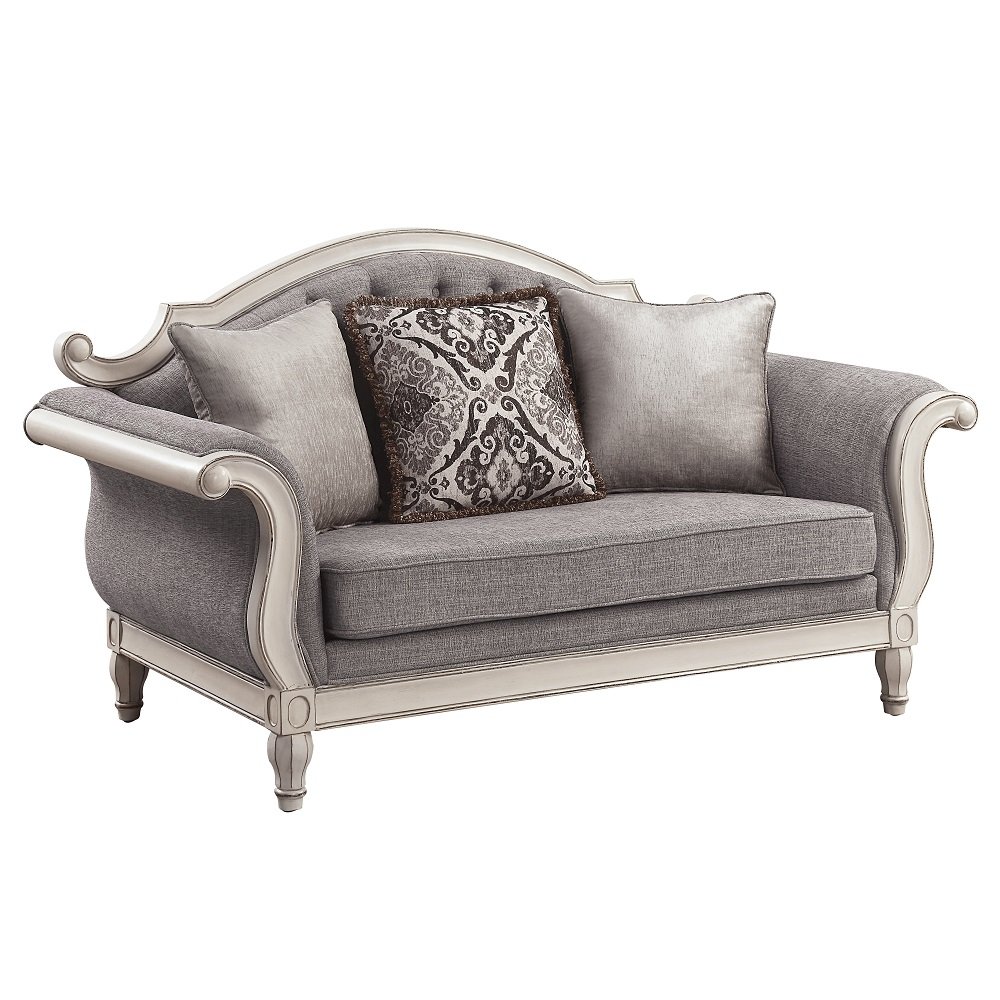 Florian Loveseat w/3 Pillows Gray Fabric & Antique White. Picture 4