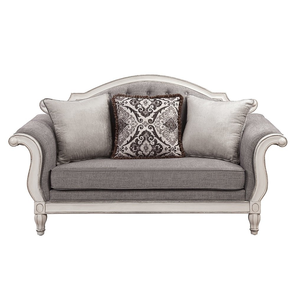 Florian Loveseat w/3 Pillows Gray Fabric & Antique White. Picture 1