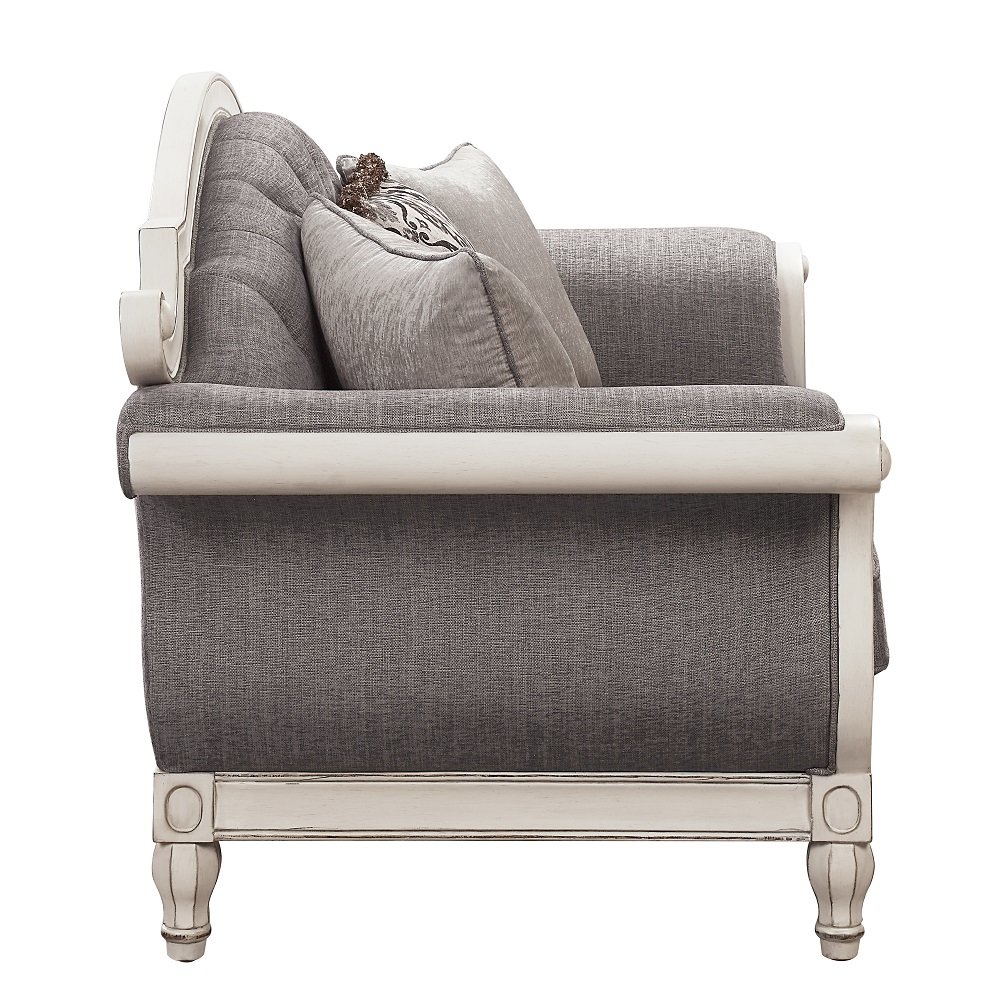 Florian Loveseat w/3 Pillows Gray Fabric & Antique White. Picture 3