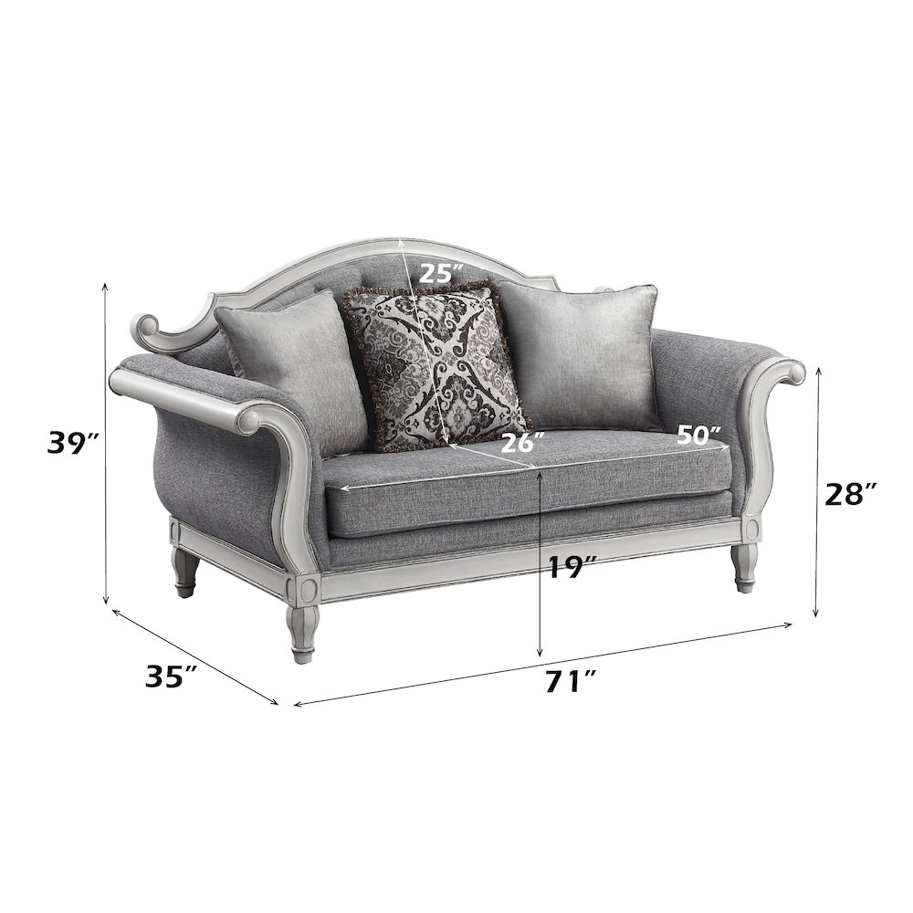 Florian Loveseat w/3 Pillows Gray Fabric & Antique White. Picture 8