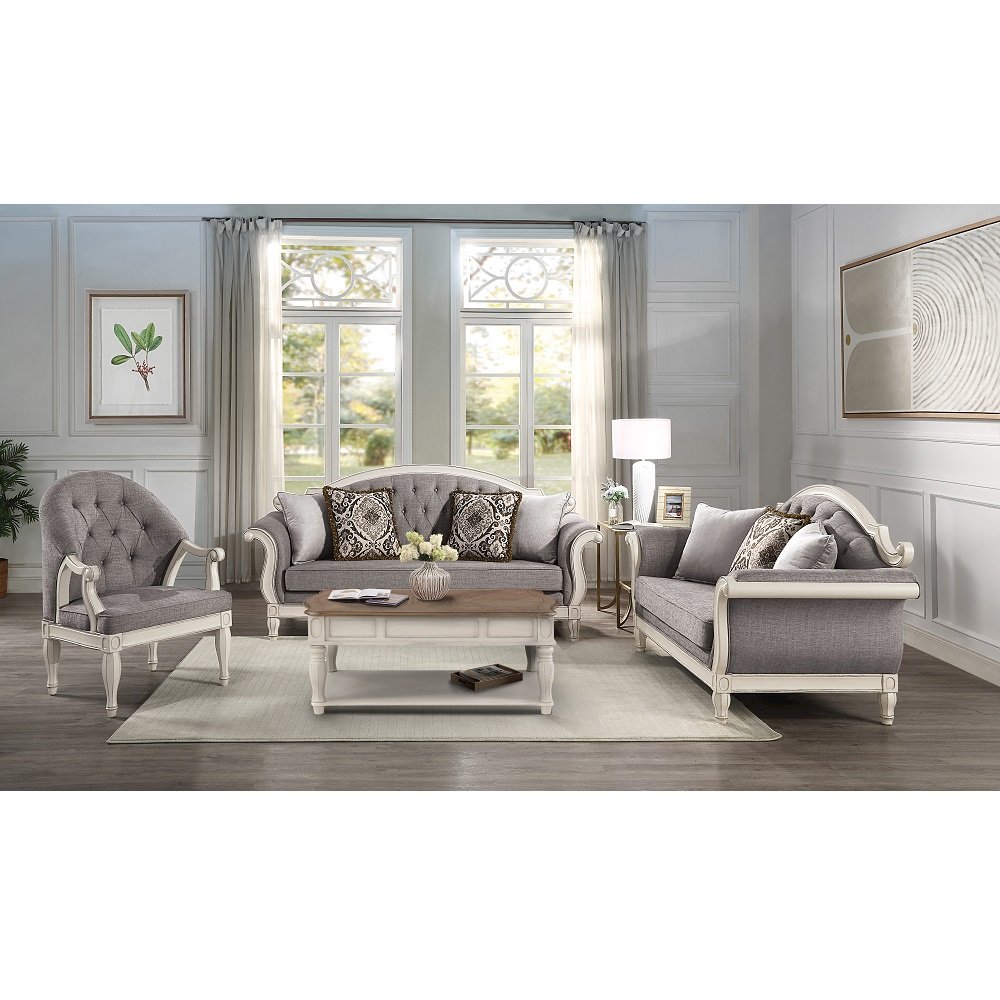 Florian Loveseat w/3 Pillows Gray Fabric & Antique White. Picture 5