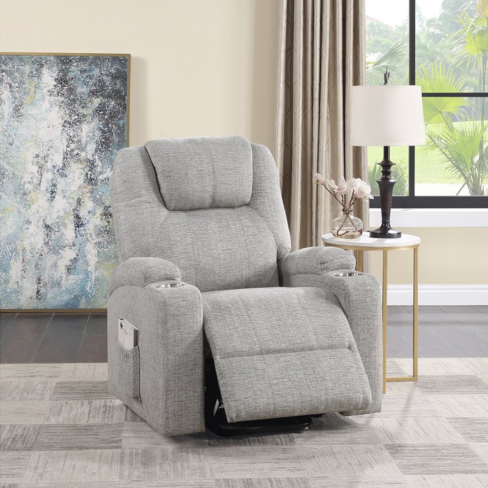 Evander Recliner w/Power Lift & Massage Light Gray Chenille. Picture 1