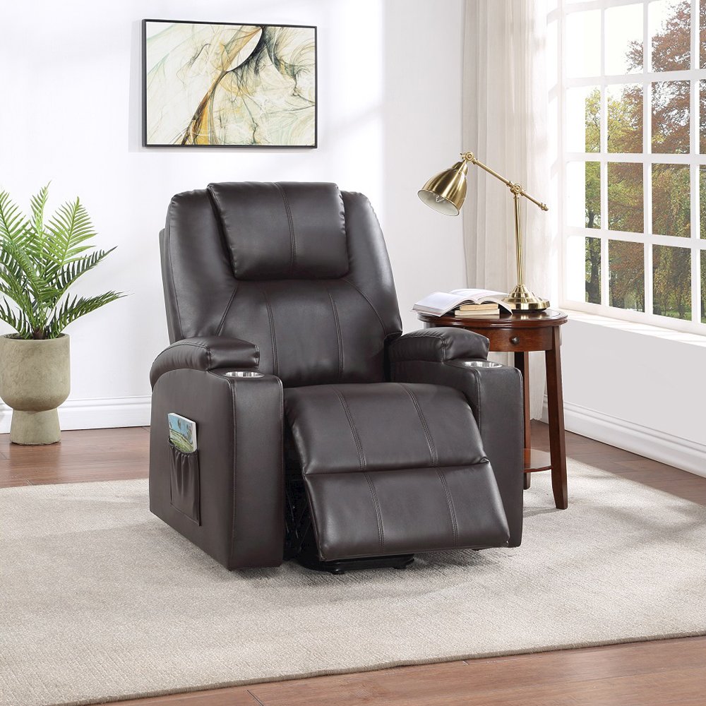 Evander Recliner w/Power Lift & Massage Brown Leather Aire. Picture 1
