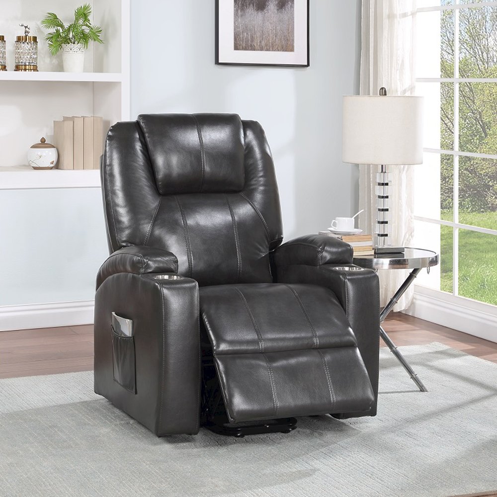 Evander Recliner w/Power Lift & Massage Gunmetal Leather Aire. Picture 1