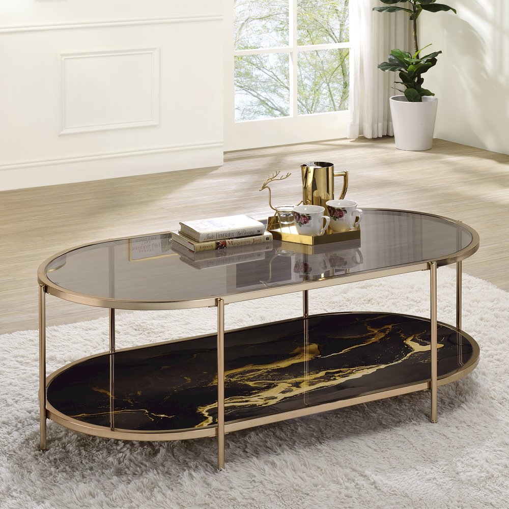 Fiorella Coffee Table Glass, Black Marble Paint & Gold. Picture 1
