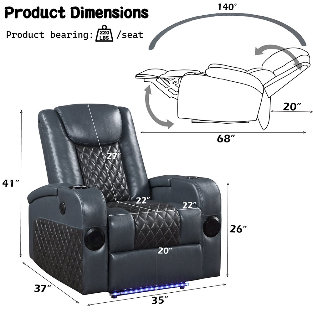 Alair Power Motion Recliner w/Bluetooth Speaker & Cooling Cup Holder Blue & Blac. Picture 10