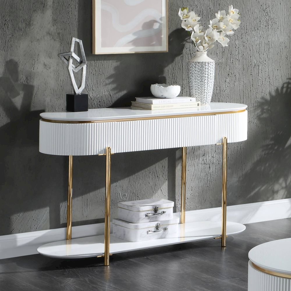 Daveigh Sofa Table White High Gloss & Gold. Picture 1