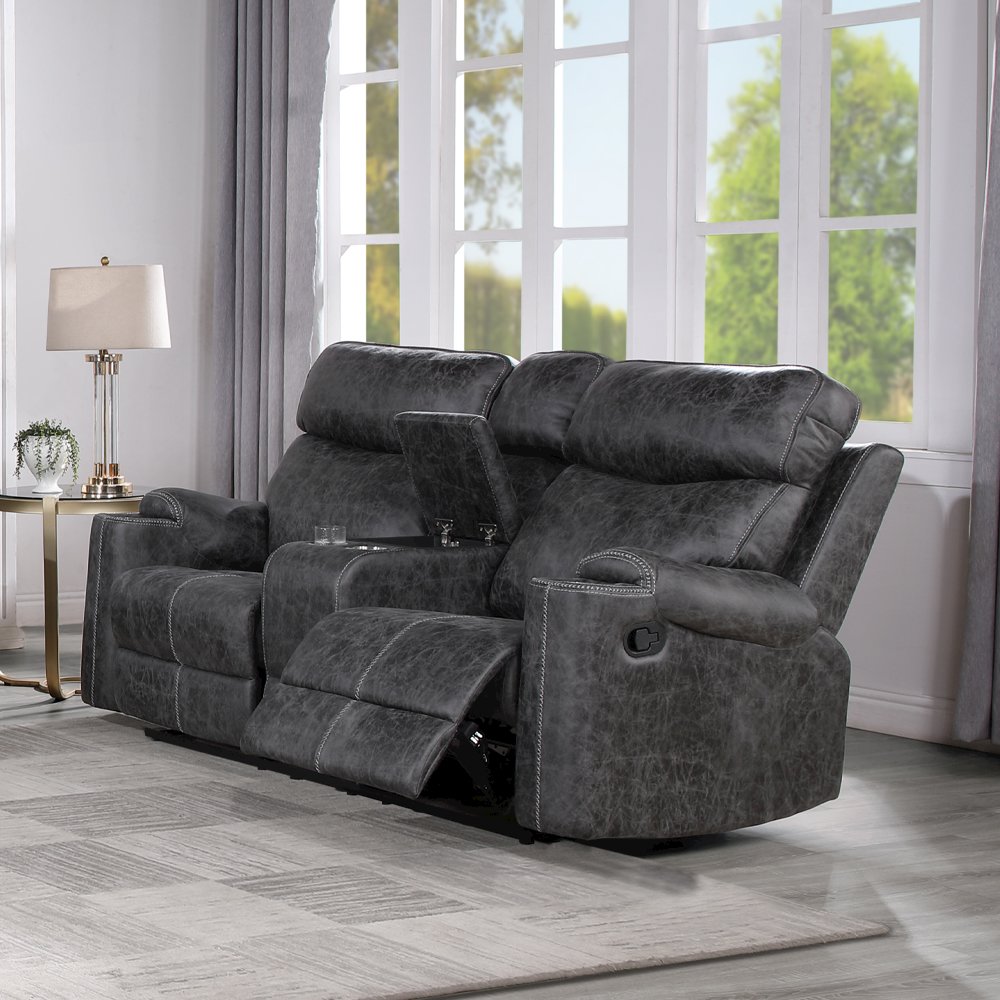 Hirah Motion Loveseat w/Console & USB Port Dark Gray Polish Microfiber. Picture 1