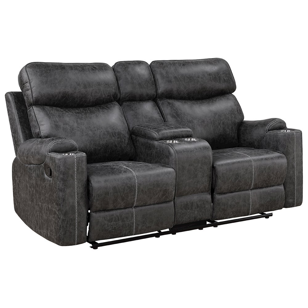 Hirah Motion Loveseat w/Console & USB Port Dark Gray Polish Microfiber. Picture 2