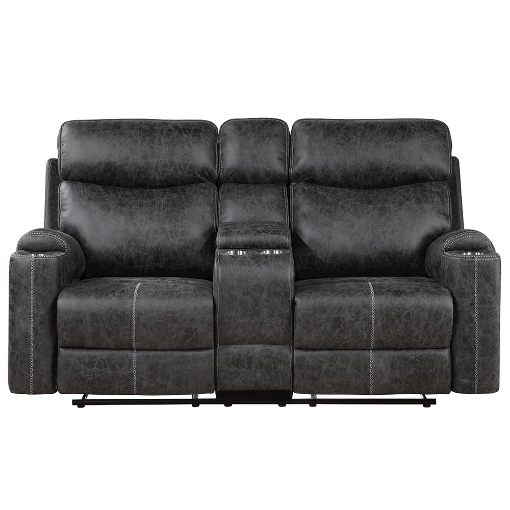 Hirah Motion Loveseat w/Console & USB Port Dark Gray Polish Microfiber. Picture 3