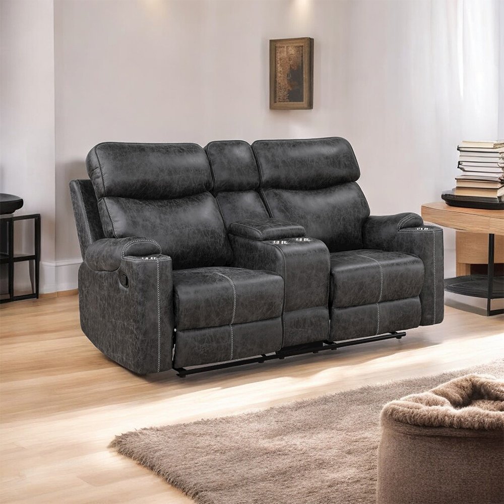Hirah Motion Loveseat w/Console & USB Port Dark Gray Polish Microfiber. Picture 7