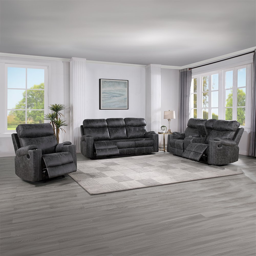 Hirah Motion Loveseat w/Console & USB Port Dark Gray Polish Microfiber. Picture 6