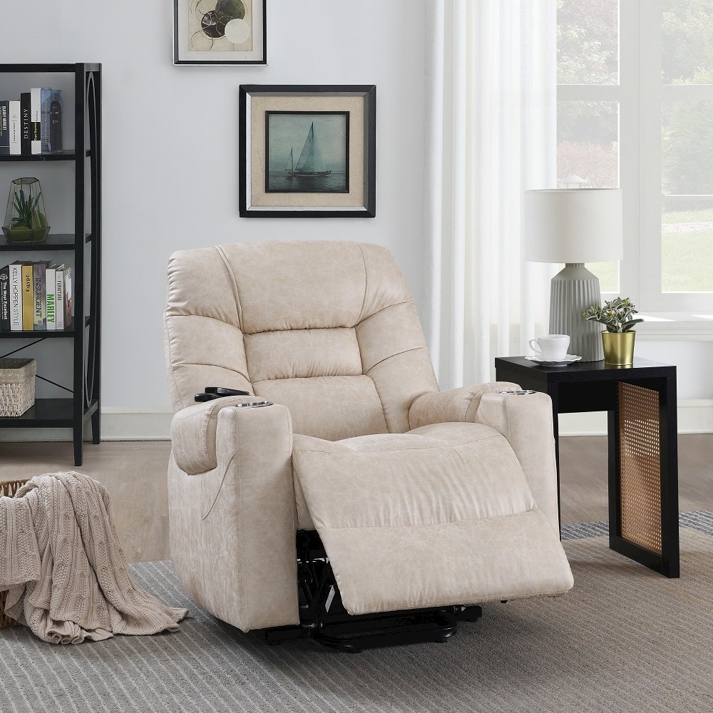 Nairi Power Recliner w/Lift, Heating & Massage Ivory Polished Microfiber. Picture 1