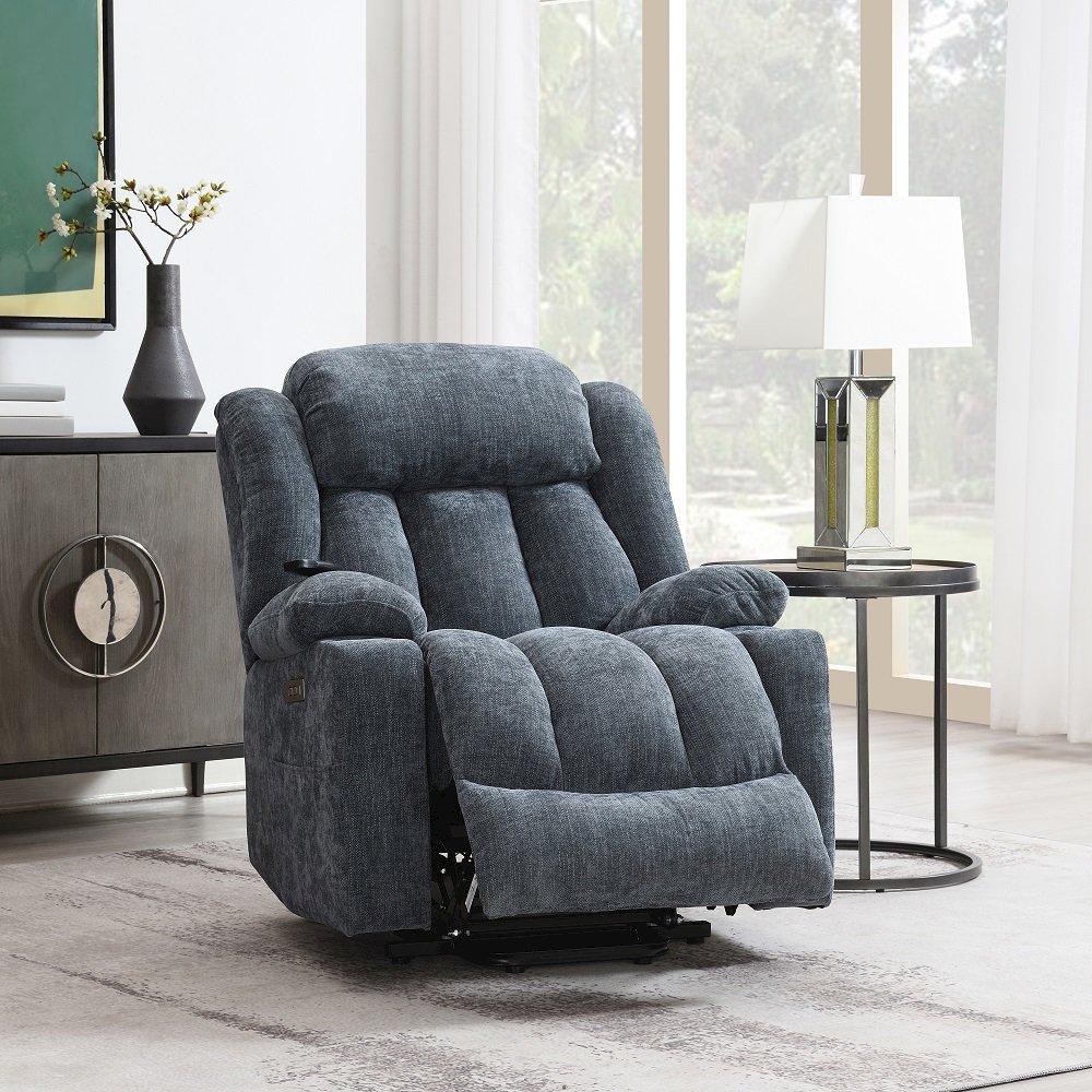 Omarion Power Recliner w/Lift, Heating & Massage Blue Chenille. Picture 1