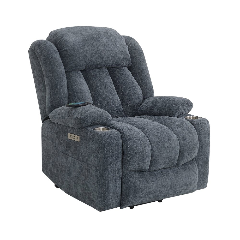 Omarion Power Recliner w/Lift, Heating & Massage Blue Chenille. Picture 2