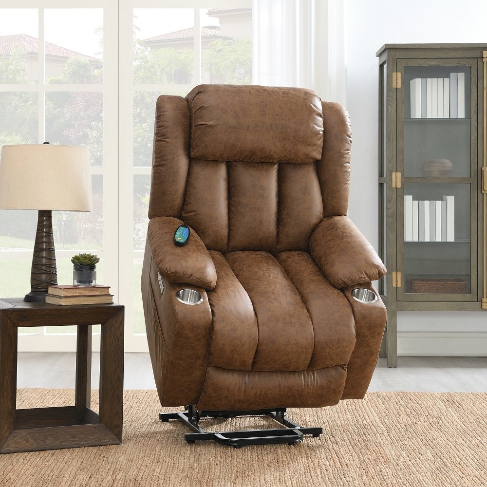 Omarion Power Recliner w/Lift, Heating & Massage Brown Polished Microfiber. Picture 1