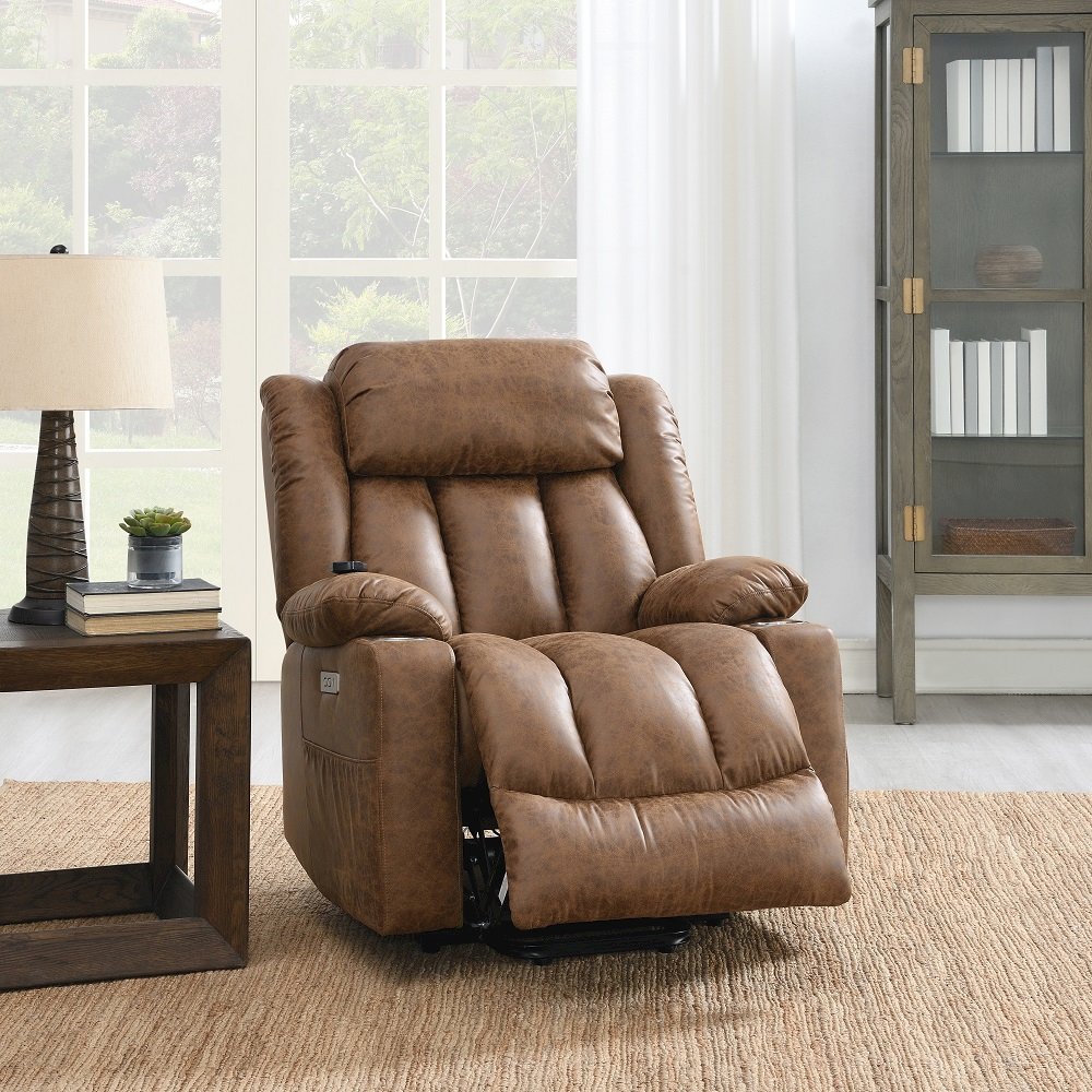 Omarion Power Recliner w/Lift, Heating & Massage Brown Polished Microfiber. Picture 2