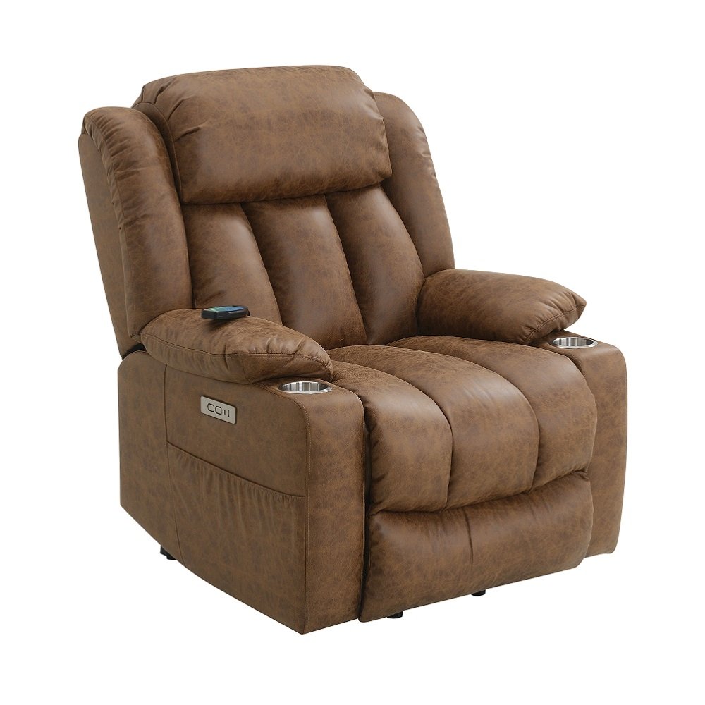 Omarion Power Recliner w/Lift, Heating & Massage Brown Polished Microfiber. Picture 3