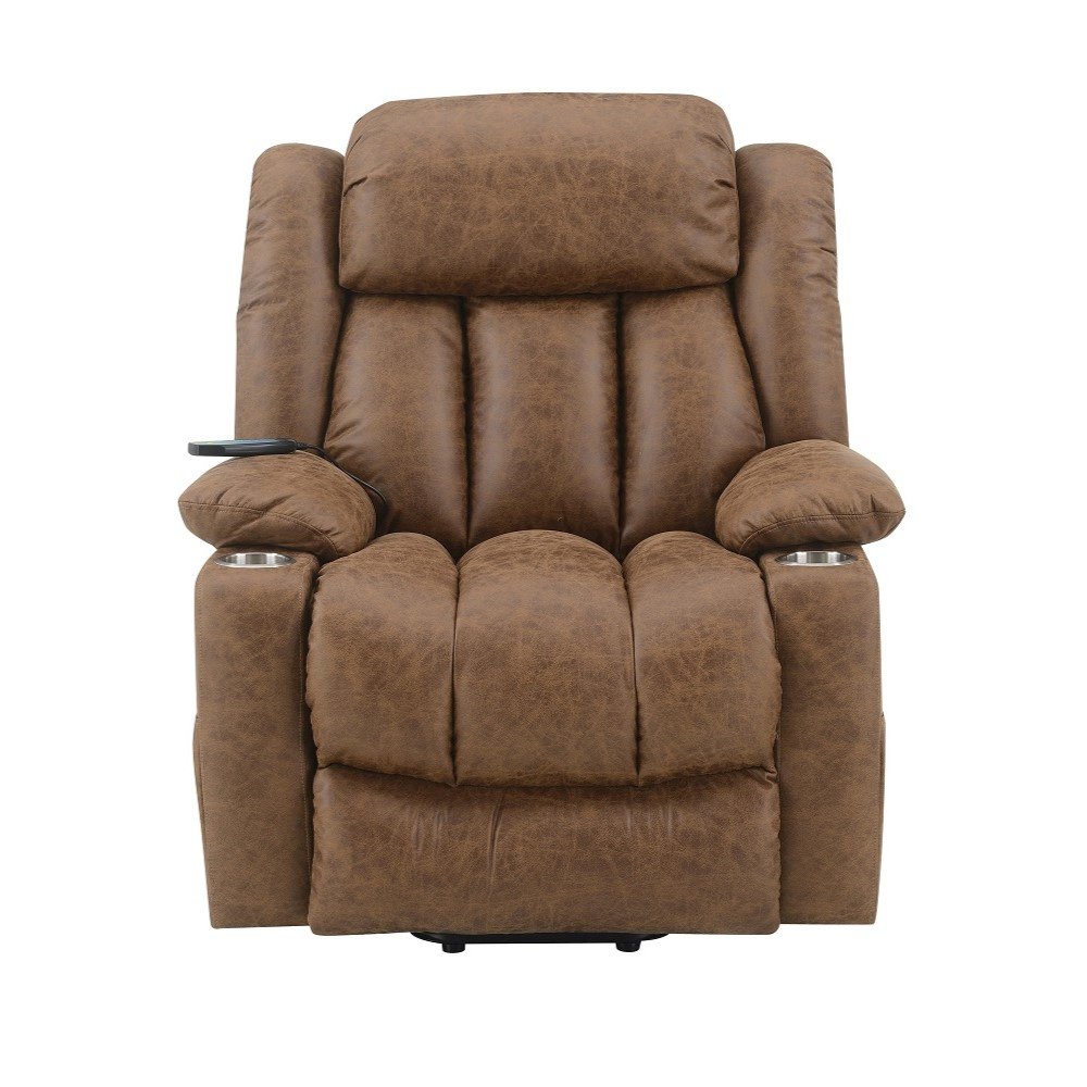 Omarion Power Recliner w/Lift, Heating & Massage Brown Polished Microfiber. Picture 4