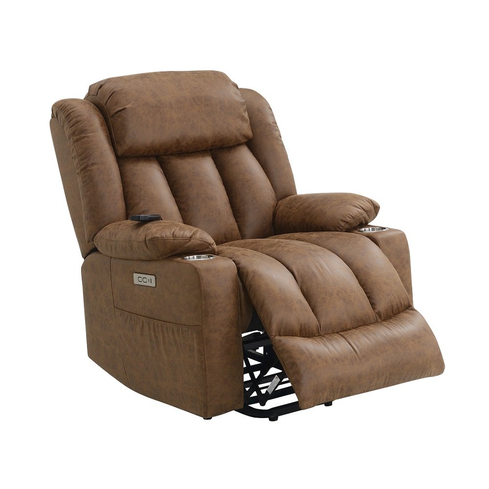 Omarion Power Recliner w/Lift, Heating & Massage Brown Polished Microfiber. Picture 7